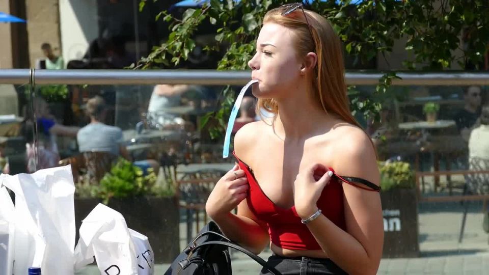 Teen beauty fixing her bra in public Voyeur!