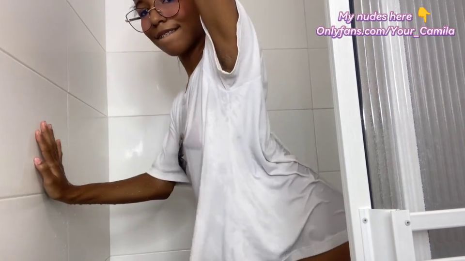 Lindariza - Her nipples and ass are visible through a wet T-shirt with innocent ebony teen