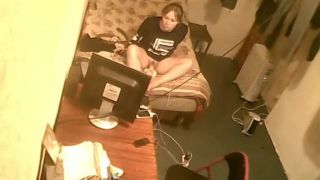 Horny blonde girl masturbating with dildo in front of comp. hidden cam