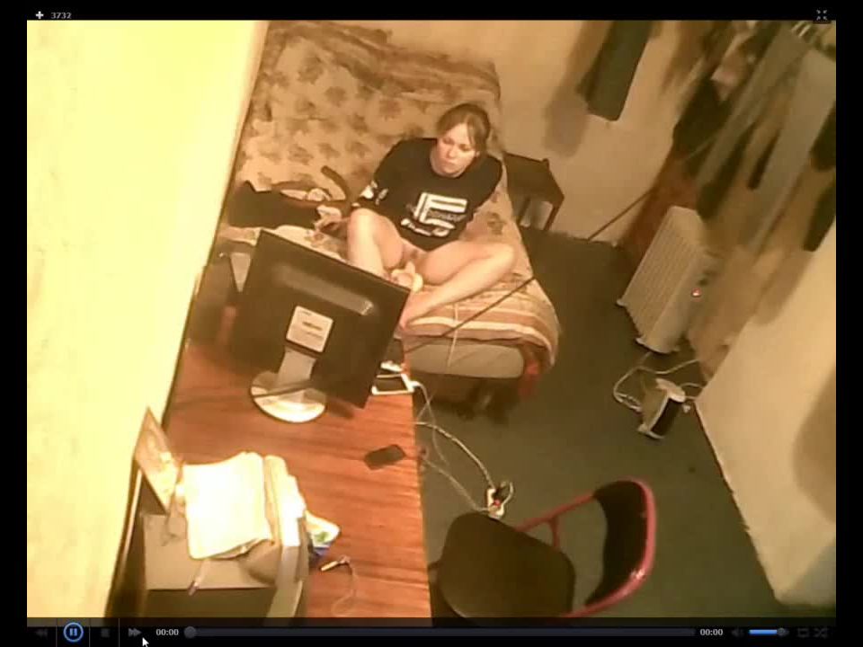 Horny blonde girl masturbating with dildo in front of comp. hidden cam