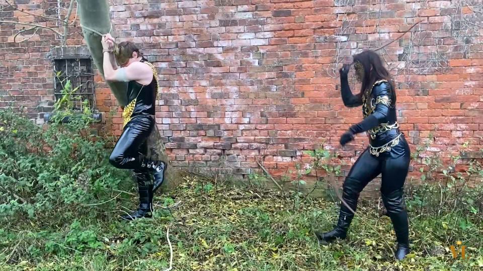 Slave takes a double whipping -  ball busting