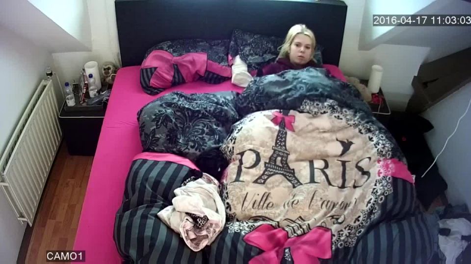 Blonde girl filming her pussy and masturbating under cover. spy cam