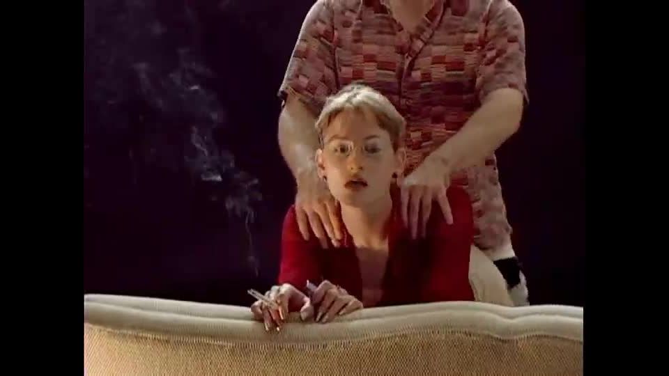 Blonde in red smokes and fucks.