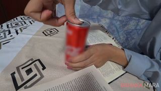 Public Crazy Place - SCHOOLGIRL HANDJOB classmate under the table in exchange for a can of COLA. 1080P - Stroking cock