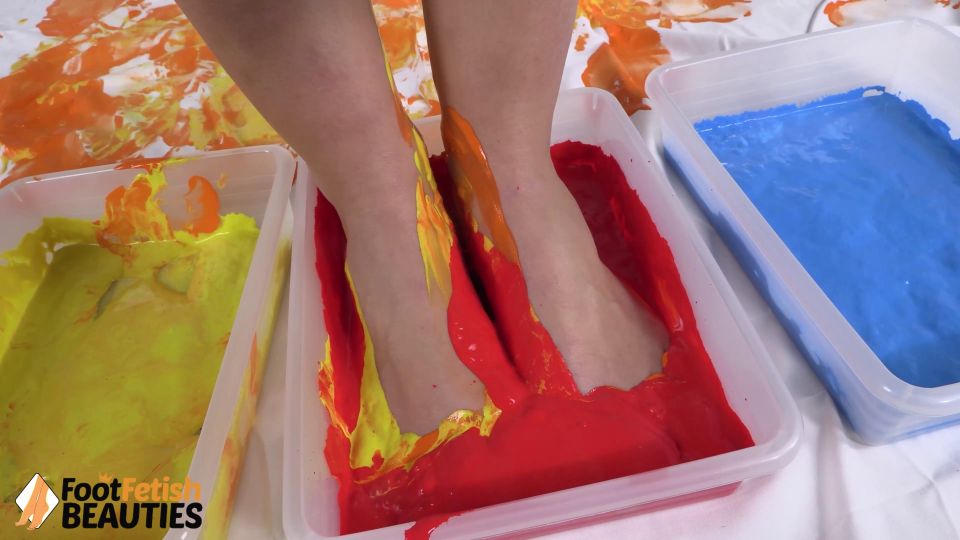 Thena - Topless Belle Plays Around with Paint Using Her Perfect Feet and Hands - Foot Fetish