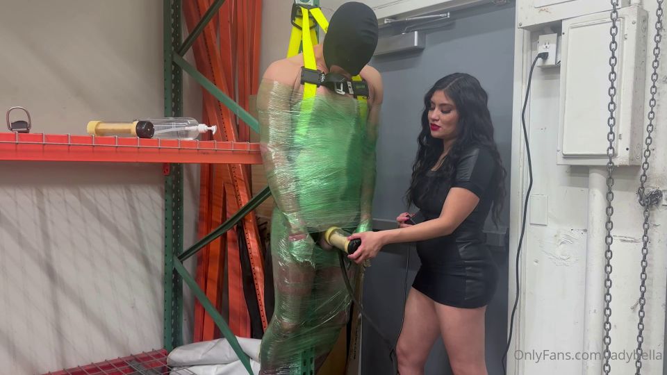 Lady Bella - Lady Bella releases her sub from his chastity cage. But his bodys still fully encased - Handjob