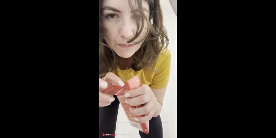 Horny latina slut playing in public restroom with Lovense vibe and stuffing her cunt with cherry tom