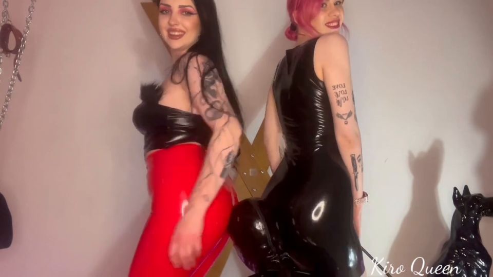 Double Domme in clip Polishing Our Sexy Ass In Latex With Slave Face - Humiliation
