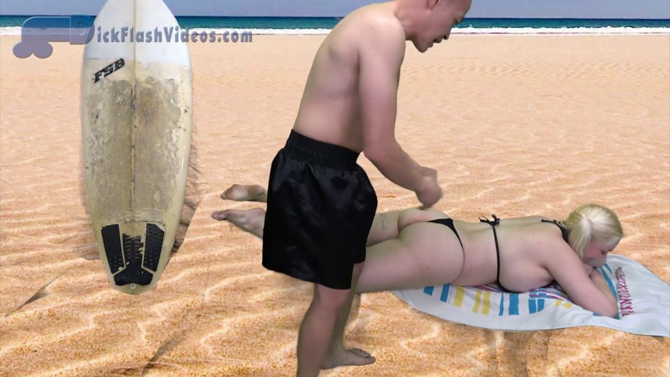 Blonde In A Thong Bikini Gets A CFNM DickFlash Cumshot In A Public Beac.