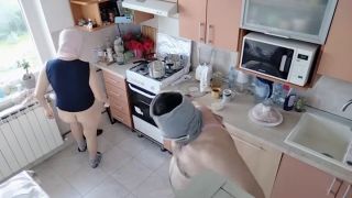 Hermina - Amateur couple having fun in the kitchen. Amateur wife with hairy pussy, big tits, big nipples, big