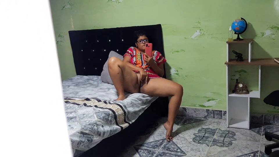 Horny glasses girl watching phone porn and fingering pussy till orgasm - Amateur