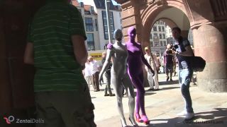 With spandex catsuit in a café