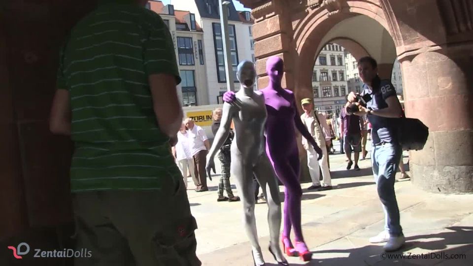 With spandex catsuit in a café