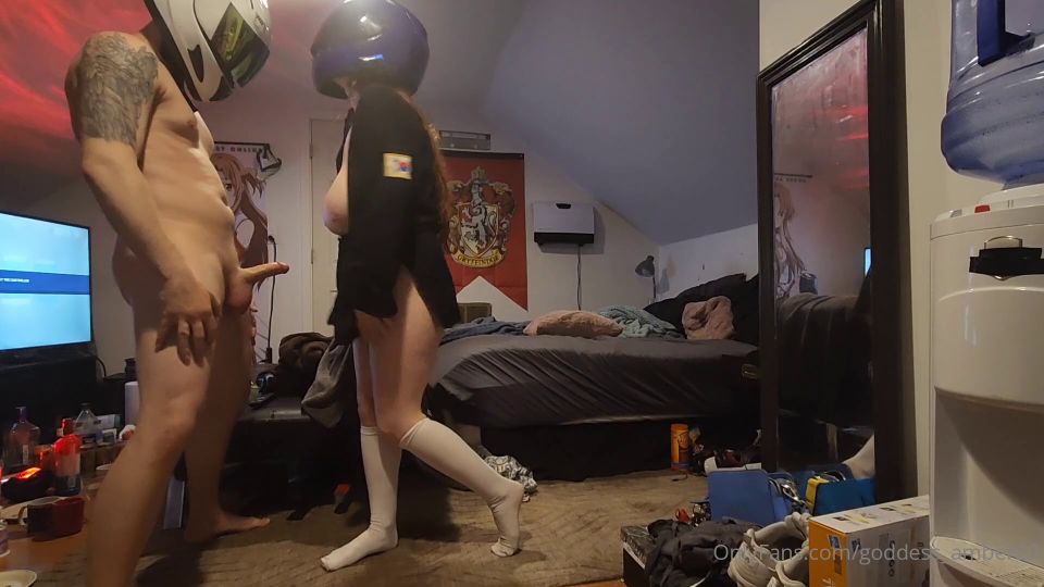 A girl in a bathrobe excites a guy and spanks him in the balls part 2.