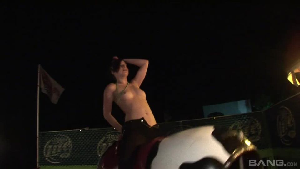 Three Topless Brunettes Ride A Mechanical Bull public 